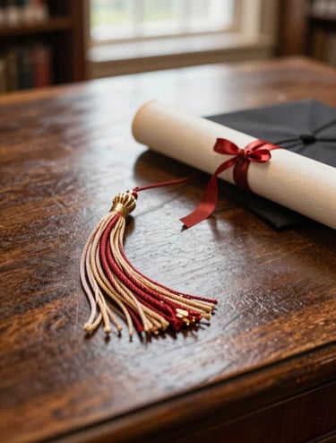 A close-up photography shot of a graduation tassel and diploma resting on a vintage wooden desk in a North American library setting. The colors are dominated by warm Muted Brown and Cream, with soft window light creating a sophisticated and timeless atmosphere.
