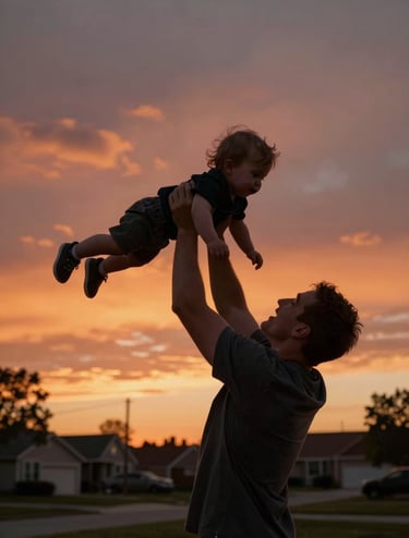 A father lifting a toddler high in the air against a sunset sky in a North American / US suburban park. High contrast silhouettes with warm terracotta orange glow around the edges, cinematic and nostalgic feel.