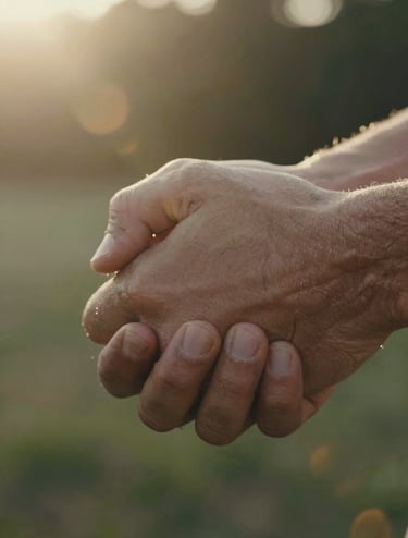 A cinematic close-up of two hands holding tightly in a North American outdoor setting. A warm sun-drenched lens flare illuminates the scene, highlighting the authentic texture and cinematic storytelling mood.