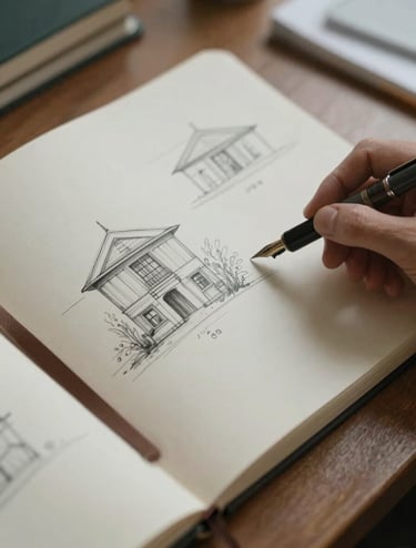 A close-up, top-down shot of a researcher's workspace. A sketchbook with soft sage colored paper is open, showing detailed architectural sketches. A dark charcoal fountain pen rests on the page. The lighting is soft and intellectual, suggesting deep study.