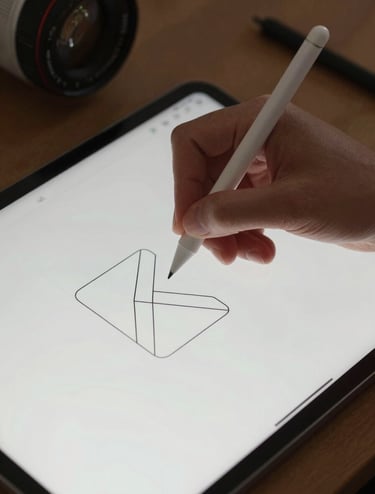 A close-up shot of a designer's hand using a precision stylus on a digital tablet in an International / Western studio setting. The screen shows the drafting of a minimalist logo using clean geometric lines.