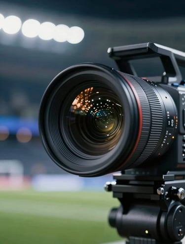 Close-up of a high-end broadcast camera lens reflecting the bright lights of a sports arena. Sharp focus on the glass, with a blurred background of stadium seating. Sophisticated lighting in shades of #4A6075.