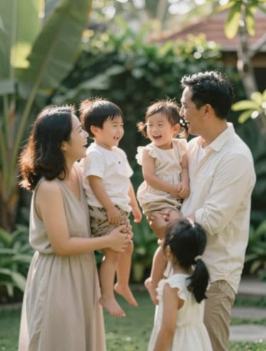 A family laughing together in a sun-drenched Bali garden, the light is soft and warm, capturing authentic joy. Minimalist composition with natural textures in shades of #C8B6A6 and #F8F5EF.