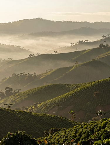 A wide, atmospheric shot of misty South American mountains at dawn, where sprawling coffee plantations cover the rolling hills in shades of forest green and cream fog, soft and sophisticated lighting.