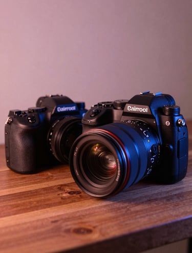 Close up photography of two professional cameras sitting on a wooden table in a North American / US studio. The lighting is artistic with soft dusty rose highlights and deep navy blue shadows. The vibe is warm and professional.