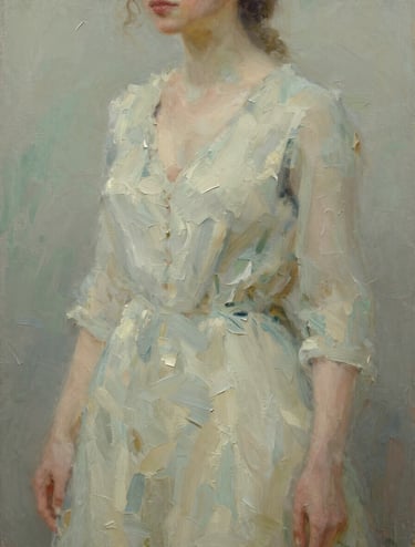 An elegant, close-up oil painting detail showing textured brushstrokes in shades of #6B705C sage and #C8C0B2 beige. The lighting is soft and cinematic, highlighting the physical depth of the paint on canvas in a contemplative, sanctuary-like style.