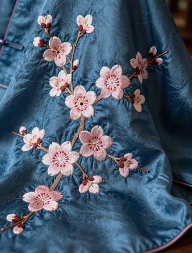 A close-up photograph of a luxury textile detail from the Sa-Koi collection, featuring indigo-dyed silk and delicate cherry blossom embroidery in soft pink, cinematic side-lighting, set in a East Asian / South Asian influenced for a global luxury audience studio.