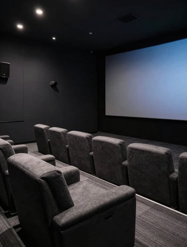 A sleek, modern private screening room in a North American film office, deep charcoal black walls, plush seating, and subtle muted blue gray ambient lighting.