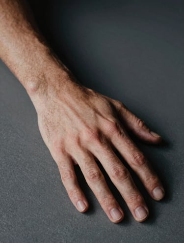 A minimalist, high-contrast close-up photograph of a Northern European / Dutch athlete's hand resting on a charcoal grey surface. Soft, moody lighting highlights the skin texture and a sense of calm. Premium editorial photography style with deep shadows.