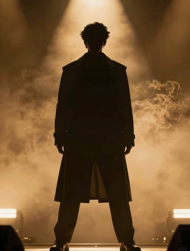 A sophisticated silhouette of P.E.P YLS on a stage flooded with warm golden light, creating a halo effect. The atmosphere is smoky and premium, using #0A0A0A shadows and #8D765D highlights to emphasize his powerful presence.