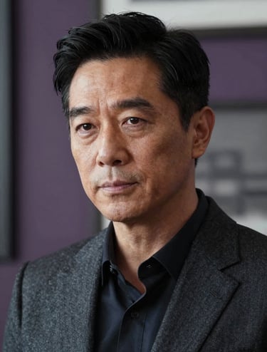 A cinematic close-up of a sophisticated actor in a North American / US urban setting. The lighting is soft and professional, highlighting a contemporary and elegant expression. The background features muted purple and grey tones of a high-end interior.