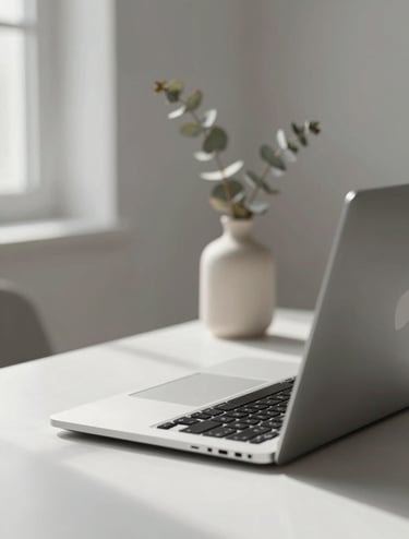 A high-end, minimalist lifestyle shot of a designer's desk with a sleek metallic laptop, soft shadows, and a single sprig of dried eucalyptus in a matte ceramic vase. Natural, soft daylight from a side window. Palette: #F8F5F2, #D8D8D8, #8E8E8E.