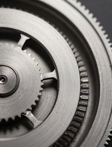 Macro photography of polished metal surfaces and intricate clockwork, featuring light silver grey and deep charcoal black tones, sharp focus, professional commercial style in a Central European / German setting.