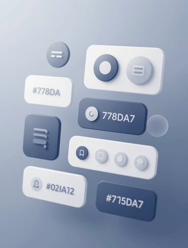 Digital UI components floating in a 3D space, showing buttons and icons in #778DA9 and #0D1B2A. The background is a soft gradient of #415A77. Modern, clean, and professional design showcase.