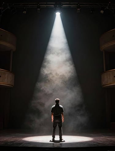 A wide cinematic shot of a stage in a South American / Colombian theatre. Dark charcoal environment with smoke effects. A single bright off-white spotlight illuminates a man from behind, creating a strong silhouette against the dark background.