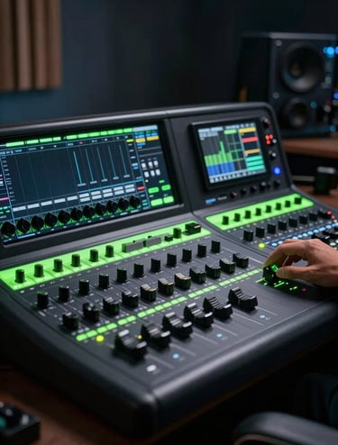 A cinematic high-resolution shot of a professional video editing console in a dark Brazilian studio, featuring sleek black hardware and glowing neon green accents from the monitor light.