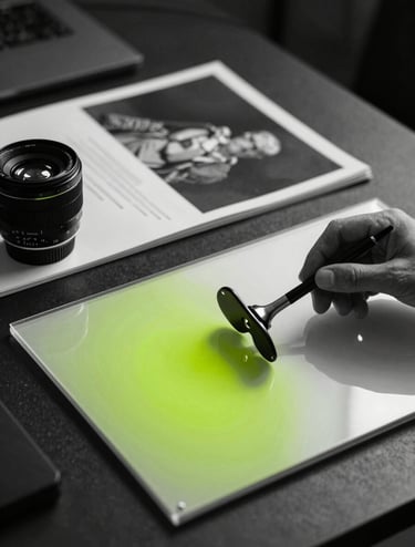 Artistic black and white photography of professional design tools on a dark desk, with a subtle vibrant lime green reflection on a glass surface, projecting a contemporary and artistic senior art director vibe.