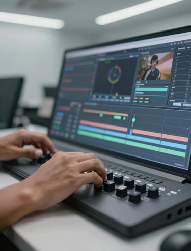 Close-up photography of a professional video editing suite. A South American / Brazilian hand is visible operating a sleek interface. The environment is modern and clean with cool light gray tones and soft ambient lighting.