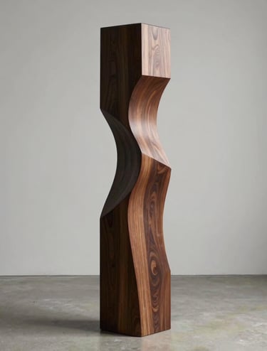 A tall, parametric floor sculpture carved from solid Cherry wood, positioned in a high-end professional studio. Neutral tones of deep charcoal and light gray characterize the background in this North American gallery setting. The sculpture's flowing curves are accentuated by soft, directional lighting.