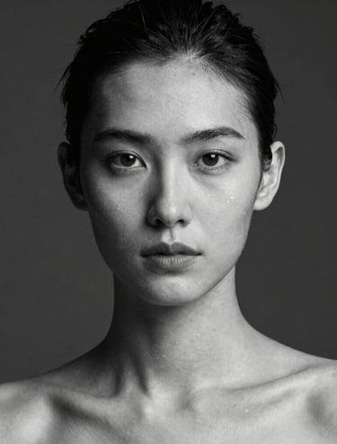 A minimalist black and white studio portrait of a professional model looking directly at the camera with a neutral expression, sharp contrast and soft backlight, International / Professional style.