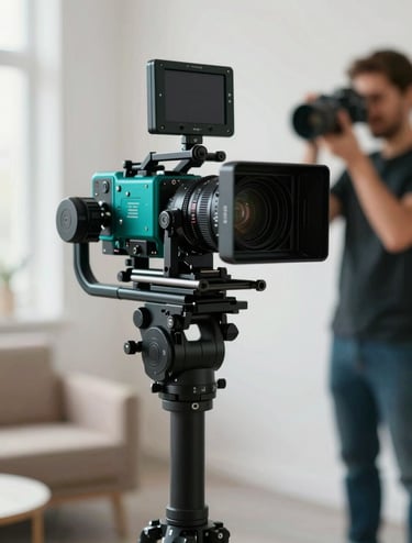 A high-end cinema camera on a stabilizer in a modern, brightly lit studio. The lighting highlights textures in teal (#1A5E63) and deep shadows (#0B1E22). In the background, a fashion photographer is visible, maintaining a professional yet cozy Scandinavian atmosphere.