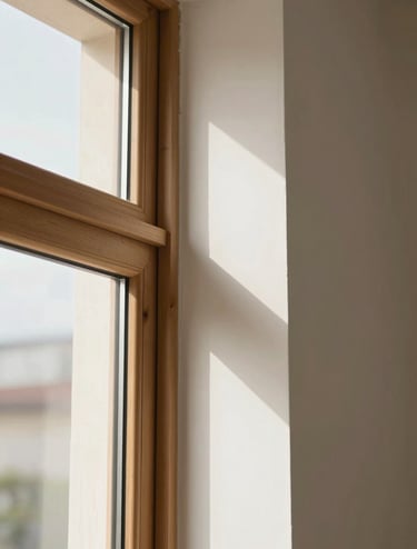 Close-up architectural detail of a window junction. Natural wood grains of the frame meet smooth off-white plaster (#F9F6EE). Bright, dappled sunlight hits the surface, emphasizing the precision of the technician's work. Warm, clean, and professional.