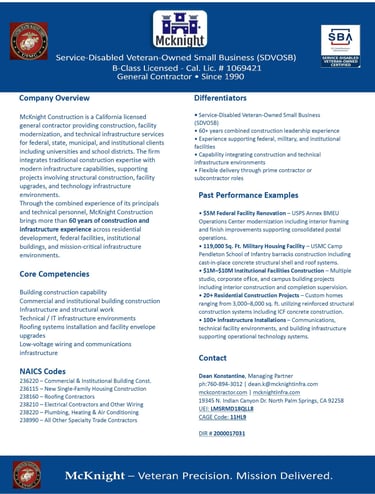 McKnight Construction capability statement showing core competencies 