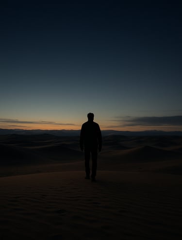 A wide-angle cinematic shot of a sprawling desert landscape under a deep twilight sky, featuring a lone protagonist silhouetted against a muted sand and dark grey horizon. Professional photography, North American / International setting.