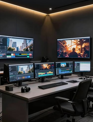 A high-end post-production suite in a Global / Western city. Minimalist design with dark charcoal walls and gold accent lighting. Large glowing monitors show vibrant cinematic video edits. The atmosphere is professional, sleek, and high-tech.