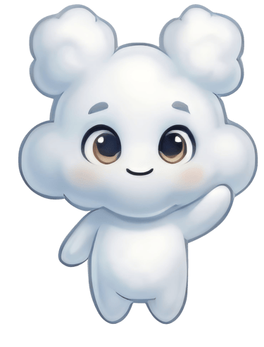 A cute, white fluffy cloud character with big brown eyes waving hello against a black background.