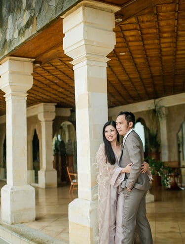 Luxury prewedding portrait at pavilion corridor of Amankila Karangasem Bali