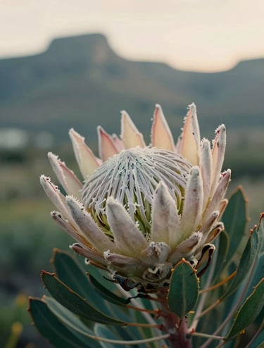 An artistic, sharp-focus macro photograph of a Cape Protea flower in the wild. The background is a soft-focus blur of South African mountains under a warm sky, incorporating muted sea green and off-white colors.