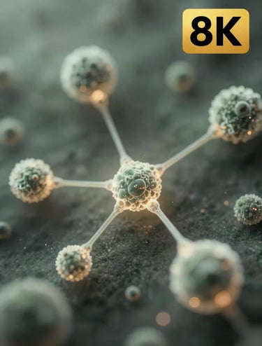 Cinematic, microscopic zoomed-in view of glowing particle paths resembling boson interactions, trailing light through a charcoal and sage mist atmosphere.