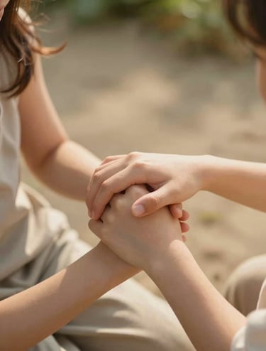 A close-up, candid detail shot of a mother and daughter's hands intertwined while sitting in a garden. The lighting is warm and sun-drenched, emphasizing the genuine emotion of the moment. Soft Sand background tones and a cinematic shallow depth of field.