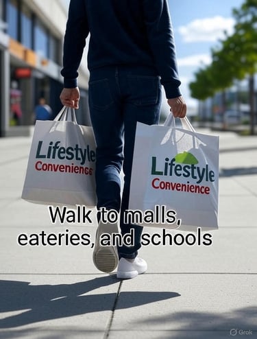 Person walking with shopping bags on a street. Text reads: Walk to malls, eateries, and schools