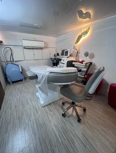Dr Seema Sheen Aesthetics treatment room with a bed, desk, and chair