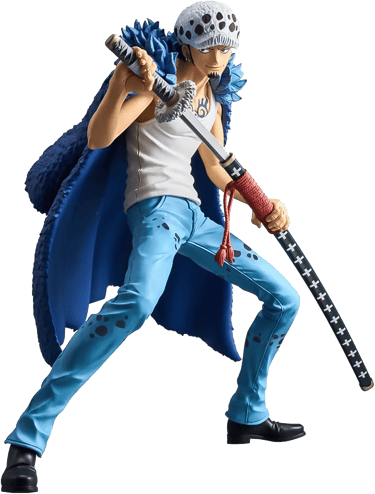 Trafalgar Law One Piece anime figure holding Kikoku sword in blue feather coat.
