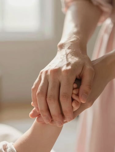 A close-up detail shot of a mother’s hand gently holding a child’s hand, captured in a sunlit West Michigan home. The lighting is warm and soft, emphasizing the intimacy and delicate textures of the skin. The color palette is filled with muted rose and light cream tones, creating an elegant and emotional atmosphere.