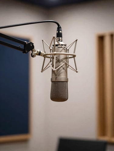A professional studio microphone on a boom arm in a dimly lit recording booth in a Southern European studio. The atmosphere is sophisticated with hints of muted blue and off-white light catching the metallic textures. High-end equipment, professional photography.