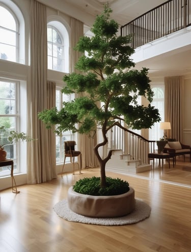 A minimalist home office features a sleek white desk paired with a black office chair. On the desk sits a closed laptop. Next to the desk is a white shelving unit containing a few books and decorative items. A small potted plant is placed on top of the shelf, while a tall plant stands on the floor nearby. The room is dimly lit, creating a calm and subdued atmosphere.
