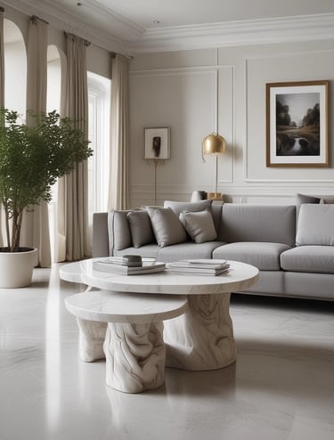 A modern office space with minimalistic design, featuring two office chairs, a sleek table, a storage cabinet, and a floor lamp. The room is decorated with light-colored curtains and has a polished concrete ceiling. The overall ambiance is professional and clean.