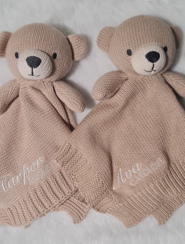 Personalised embroidery on these snuggle bears, baby sleep toy