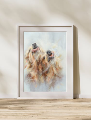 A framed fine art print of two golden retrievers playfully licking a window