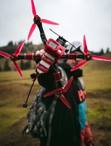 a man holding a red and white remote controlled fpv drone with a gopro on top and Iflight straps hol