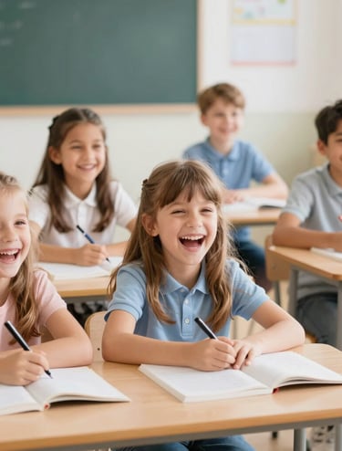 Colorful worksheets spread out on a wooden desk with pencils and crayons.