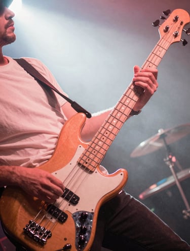 An action shot of a musician's hands playing a bass guitar during a live set in a International / English-speaking club. Lighting is a mix of Vibrant Coral and Soft Cloud White, capturing the energetic and dynamic movement of the performance.