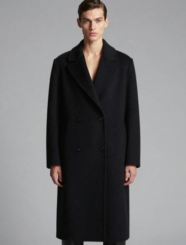 High-end fashion editorial shot of a model wearing a structured black wool coat, standing against a soft gray #D0D0D0 background. Minimalist composition, sharp shadows, and elegant lighting, embodying artistic craftsmanship and a sophisticated vibe.