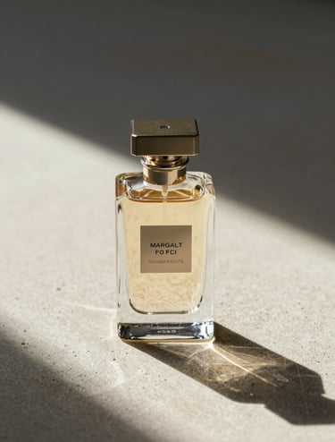 A sophisticated commercial product shot of a luxury perfume bottle. The lighting is very hard and directional from the side, creating long, sharp shadows on a sand-colored stone surface. The style is inspired by Baroque Chiaroscuro. Palette includes #363131 shadows and #F8F4ED highlights.