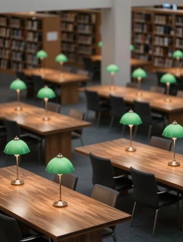 A sophisticated, high-angle view of a university library reading room. The image features rows of polished wooden tables and green-shaded lamps, with a soft blur on the background stacks. The palette emphasizes the dark charcoal #3D3B3C of the shadows and the warm #D4B281 of the wood and lamplight.