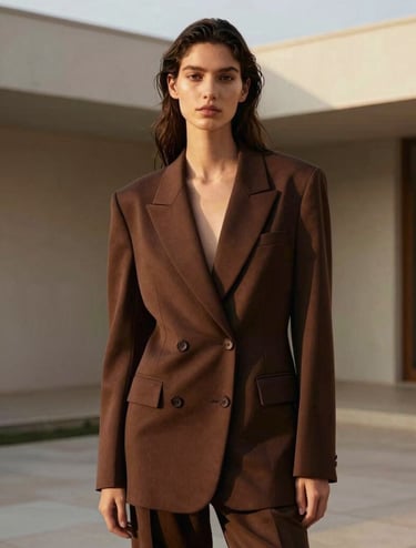 An elegant, intimate portrait of a model in a sophisticated, flowing structured blazer of deep chocolate brown, standing in a serene Brazilian modernist architectural patio. Soft golden hour light, clean minimalist lines, high-couture magazine cover aesthetic with a poetic and historic mood.